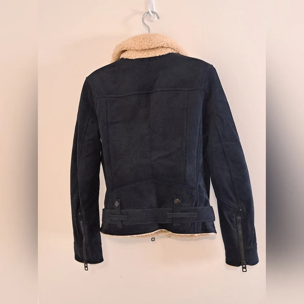 Coach Blue Suede Motorcyle Jacket with Cream Shearling  Collar Misses Size MED